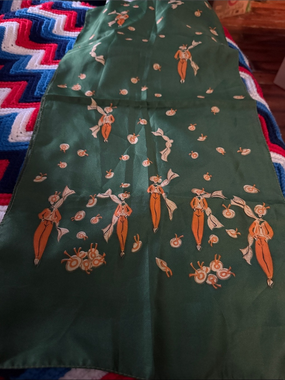 Green Printed Silk-Feel Scarf with Orange Accent Motif